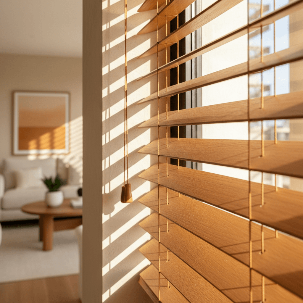 Interior wooden blinds in living room with natural morning light